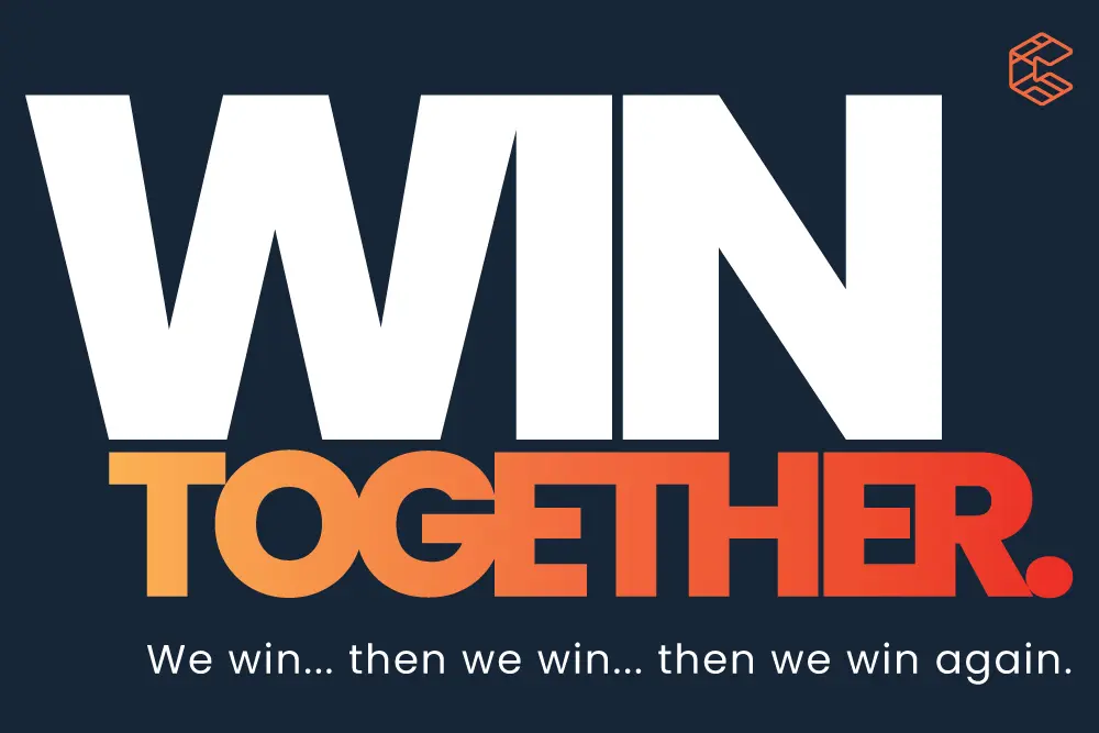 Bold text reads "WIN TOGETHER" with a logo in the top corner. Smaller text below says, "We win… then we win… then we win again. Consensus