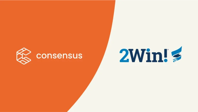 Two company logos divided by a diagonal line with "Consensus Orlando" on the left and "2Win!" on the right.