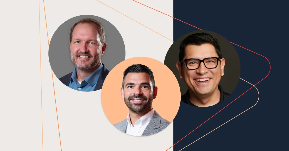 Three individuals are pictured in separate circular frames against a backdrop with neutral and dark sections, intersecting lines, and the expertise of Garin Hess, known for leading presales transformation.