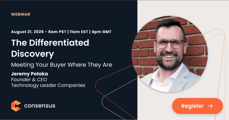 Webinar promo for "The Differentiated Discovery" with Jeremy Potoka, featuring his portrait, event date and time, and a "Register" button. Consensus